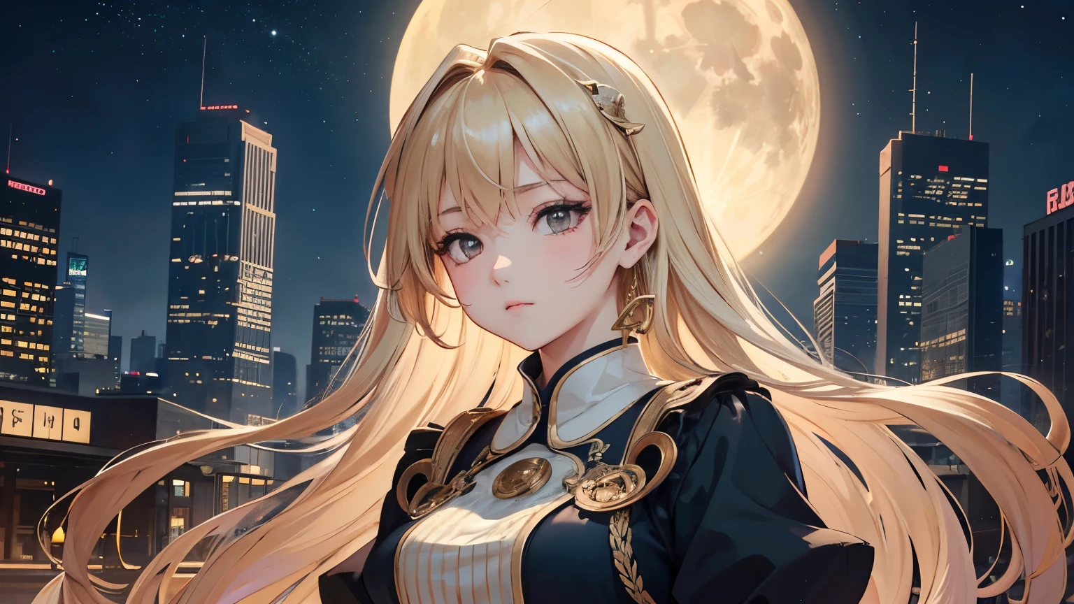 1 woman、blonde、Night town、Urban hustle and bustle、skyscraper、moon、Western style、masterpiece, 最high quality, high quality, very detailed CG unified 8k wallpaper, Beautiful landscape painting, award-winning photography, Bokeh, Depth of bounds written, HDR, color difference, realism, very detailed, Art Station Trend, CG Society Trends, Complex, high detail, Drama,color is uniform, tone is even, and the overall atmosphere is high end. Poster art is inspired by Alphonse Mucha, pixiv, animation、Mucha Style 4K, Alphonse Mucha style, demura and Alphonse Mucha style, Flat Shading Mucha.
