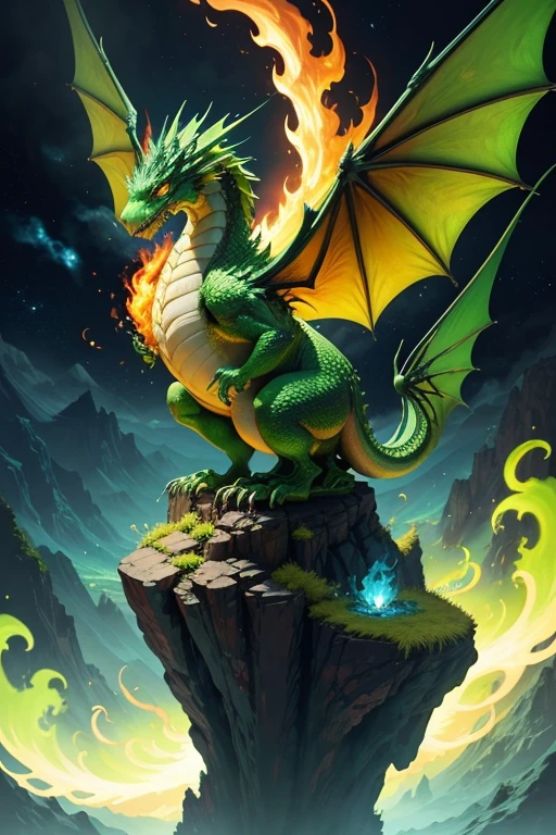 Green dragon with flaming wings exhales fire on top of a cliff. The Flaming Dragon breathes fire, volcanes, respirando fuego. energy elements, aura, Onda, particles, and harmony.