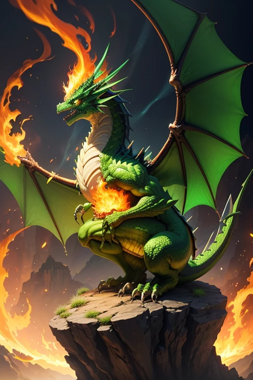 Green dragon with flaming wings exhales fire on top of a cliff. The Flaming Dragon breathes fire, volcanes, respirando fuego. energy elements, aura, Onda, particles, and harmony.