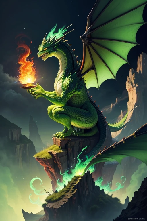Green dragon with flaming wings exhales fire on top of a cliff. The Flaming Dragon breathes fire, volcanes, respirando fuego. energy elements, aura, Onda, particles, and harmony.