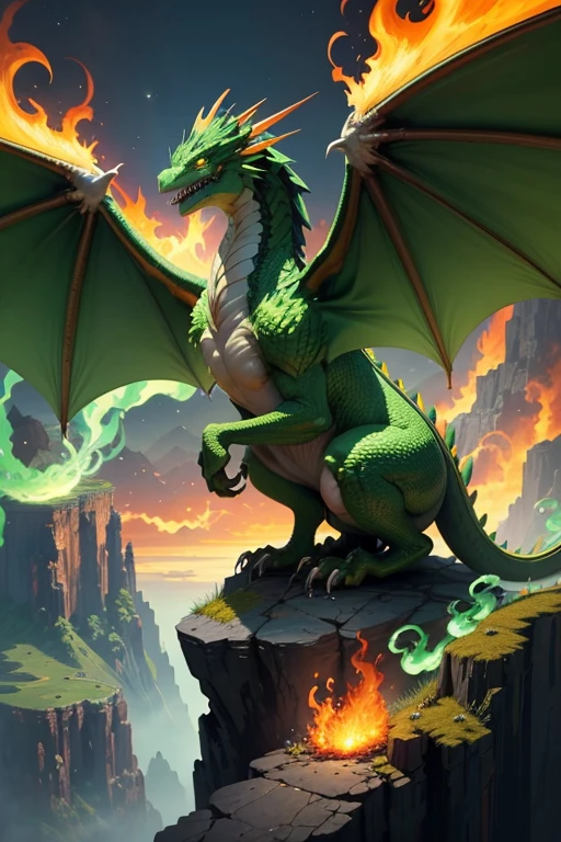 Green dragon with flaming wings exhales fire on top of a cliff. The Flaming Dragon breathes fire, volcanes, respirando fuego. energy elements, aura, Onda, particles, and harmony.
