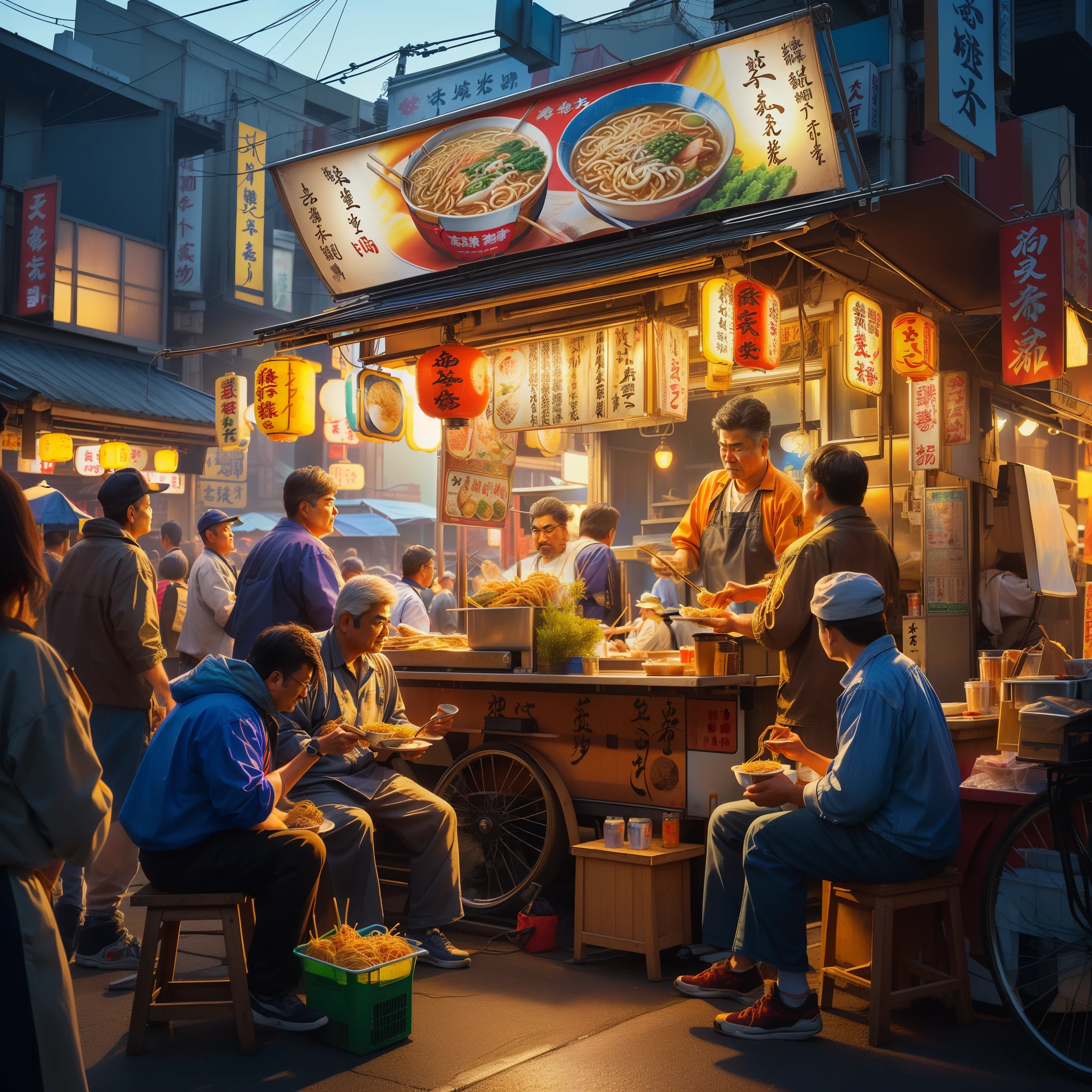 A photorealistic scene of a street food Yatai with a vendor and some customers sitting around the Yatai eating ramen, a cinematic masterpiece of realistic illustration by the color comic maestro Don Lawrence, ultrasharp focus, super detailed, high resolution, full bright colors, volumetric lighting, octane render, octane lighting