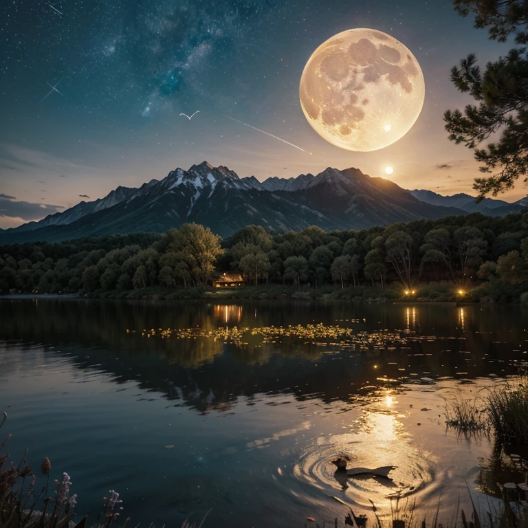 Very starry night. A huge moon behind the mountain. A tranquil lake reflects the night. The sunset is accompanied by flying cranes. Realistic scenes, detail, photorealism, 8K