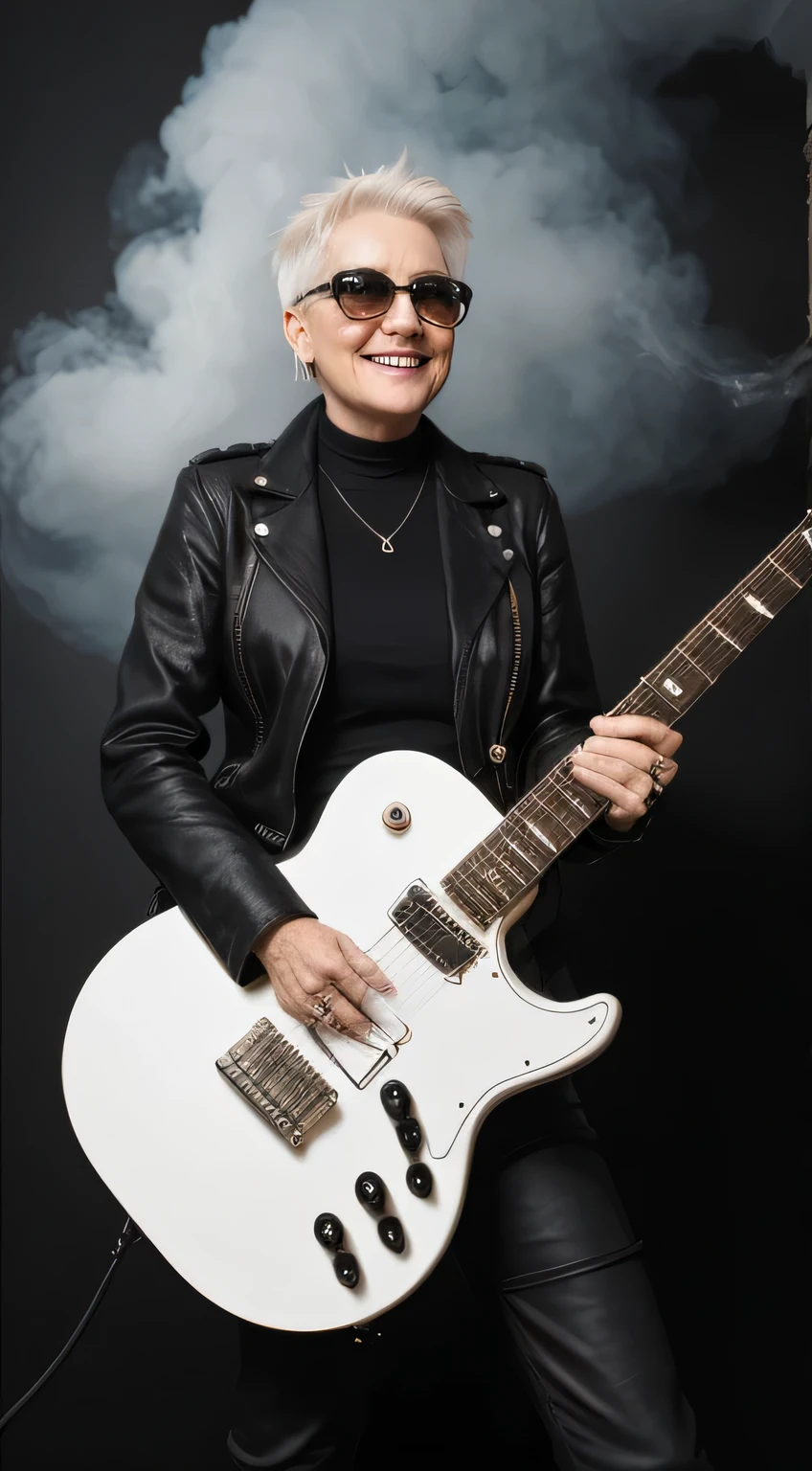 50mm lens,f/4,DSLR--seed1245,wild smile,Rock star,punk style, a white-haired old lady,looking at camera,film stock photograph,Full body view,holding electric guitar,Wild pose, Dark environment, lights illuminate the old woman,super cool,There is a faint smoke behind,wearing sunglasses,simple black background
