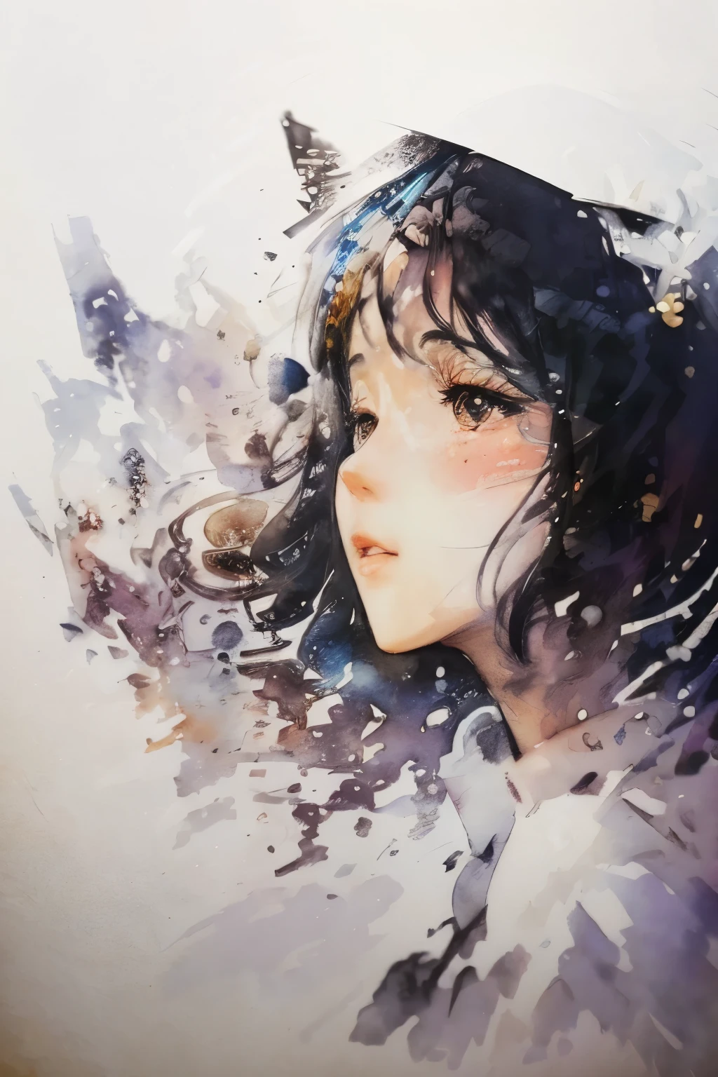 best quality, 32k, RAW photo, incredibly absurdres, extremely detailed, ink splatter, polka dots of various sizes in pastel colors, and the silhouette of a beautiful woman's face emerging, background white paper, delicate, flashy and dynamic depiction, image processing with mysterious effects
