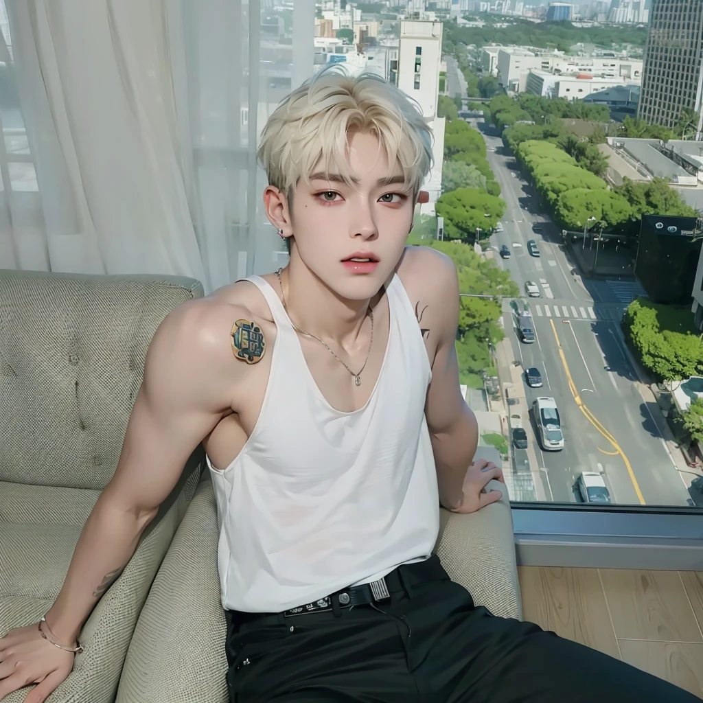 arafed male in white tank top sitting on a couch in front of a window, south korean male, cai xukun, captured on canon eos r 6, wearing a tanktop, jia, wearing tanktop, taejune kim, wearing a low cut tanktop, beads cross onbare chest, leaked photo, hong june hyung, portrait of kpop idol, high res, Korean male face, K-pop boy, NCT U, NCT, NCT 127 taeyong, lee taeyong