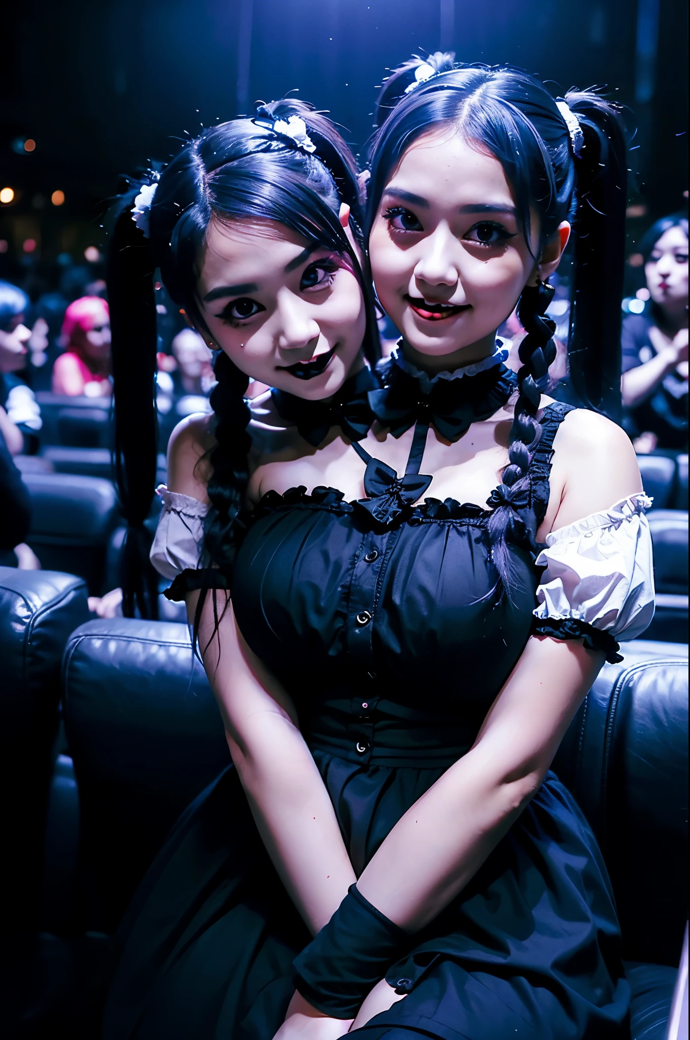 2heads, two headed girl, age 21, curvy, pretty, goth Lolita, hair in pigtails, at k-pop concert, dark lighting, excited,