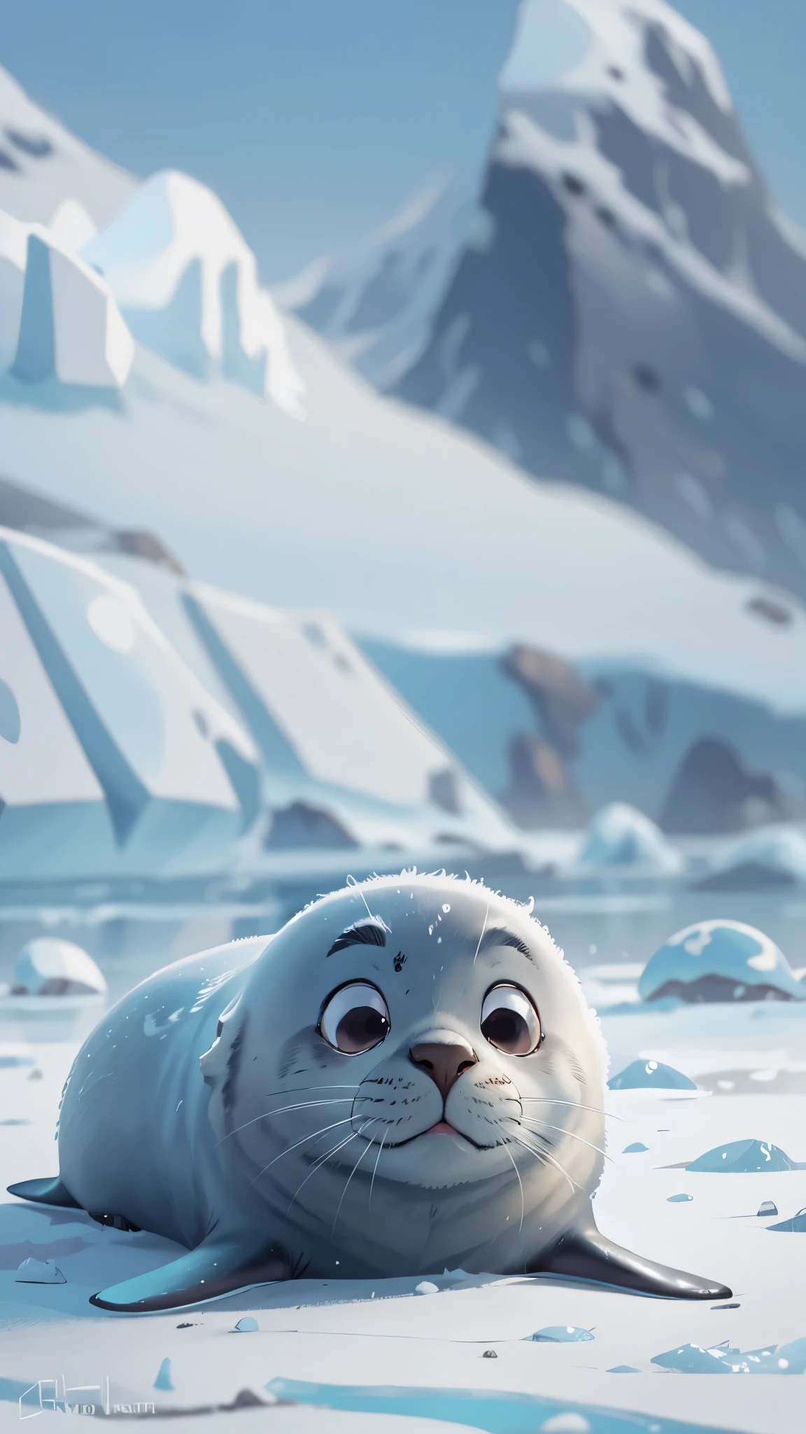 Pixar style, The cute seal is tired of playing,Resting on the ice in Antarctica,best quality, stills, Ice World,cinematic dramatic lighting, cool color,Smooth gray fur,high detail,Super details,high quality, masterpiece, precise,sharp focus, (Perfect reality and extreme details), Stunning details, dramatic lighting,
