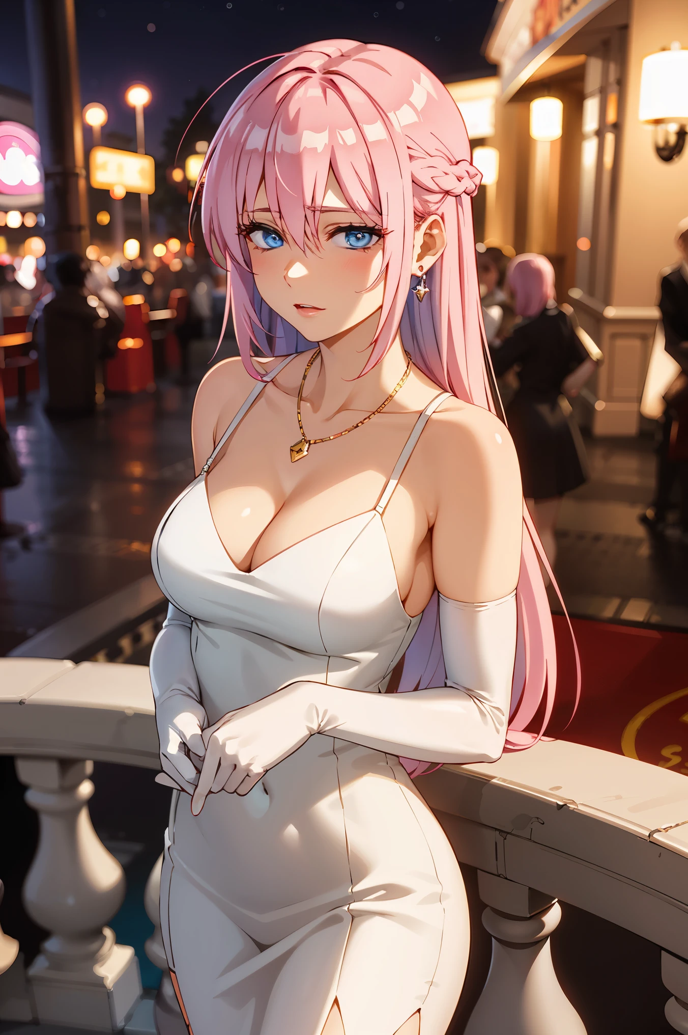 
shikimorisan,1girl, pink hair, long hair, blue eyes, hair between eyes, bangs, ultra realistic 8k cg, flawless, masterpiece, solo, 1girl, casino, rich, night dress, cutout, necklace, earring, golden, face focus, gleaming skin, elbow gloves, cleavage, shiny dress