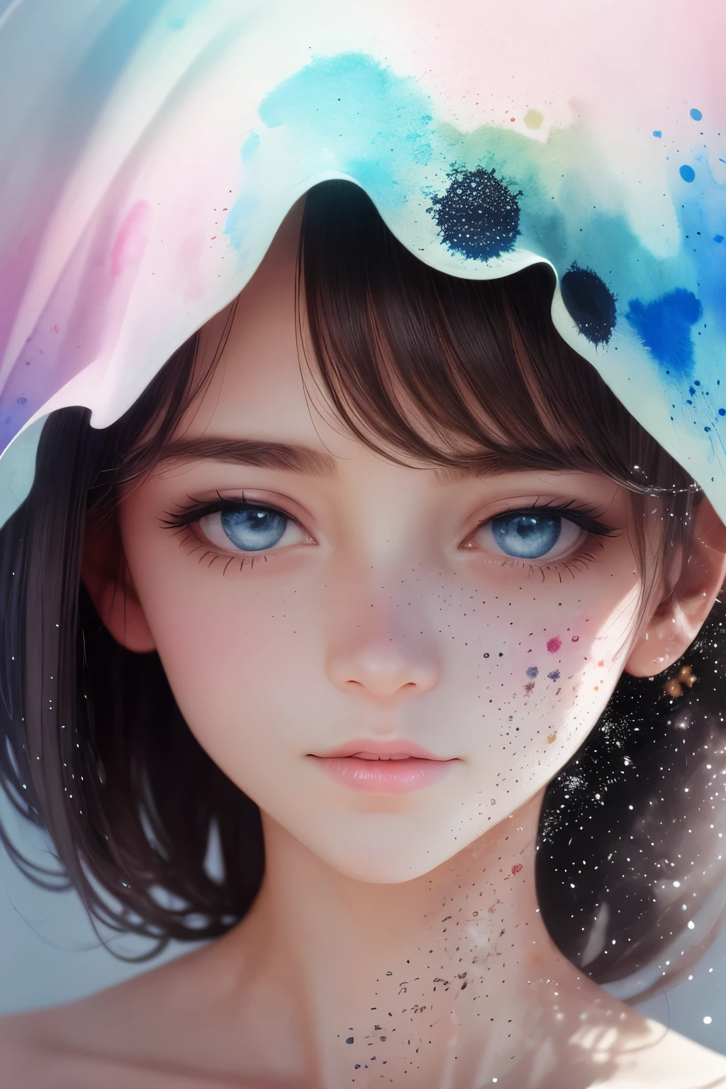 best quality, 32k, RAW photo, incredibly absurdres, extremely detailed, ink splatter, polka dots of various sizes in pastel colors, and the silhouette of a beautiful woman's face emerging, background white paper, delicate, flashy and dynamic depiction, image processing with mysterious effects