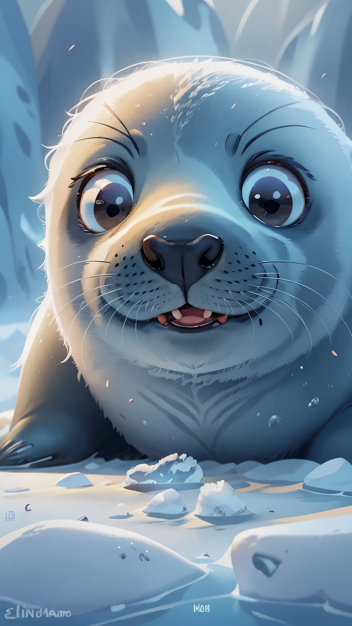 Pixar style, The cute seal is tired of playing,Resting on the ice in Antarctica,best quality, stills, Ice World,cinematic dramatic lighting, cool color,Smooth gray fur,high detail,Super details,high quality, masterpiece, precise,sharp focus, (Perfect reality and extreme details), Stunning details, dramatic lighting,
