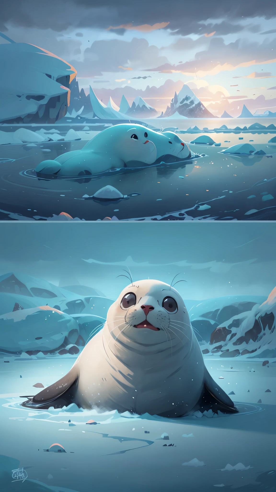 Pixar style, The cute seal is tired of playing,Resting on the ice in Antarctica,best quality, stills, Ice World,cinematic dramatic lighting, cool color,Smooth gray fur,high detail,Super details,high quality, masterpiece, precise,sharp focus, (Perfect reality and extreme details), Stunning details, dramatic lighting,