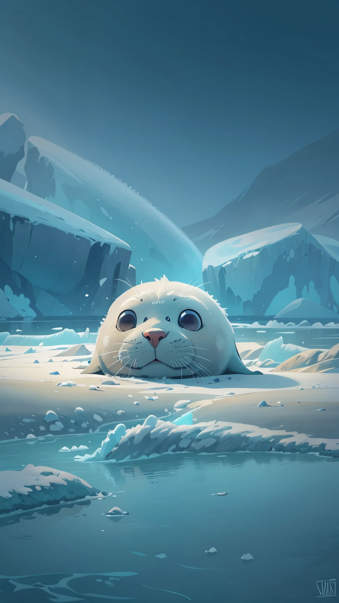 Pixar style, The cute seal is tired of playing,Resting on the ice in Antarctica,best quality, stills, Ice World,cinematic dramatic lighting, cool color,Smooth gray fur,high detail,Super details,high quality, masterpiece, precise,sharp focus, (Perfect reality and extreme details), Stunning details, dramatic lighting,