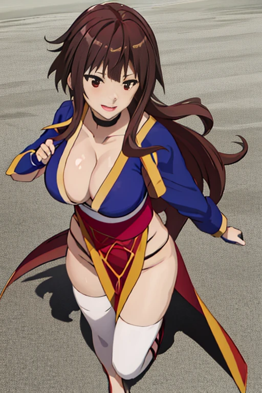 masterpiece, high resolution, best quality, beautiful art, detailed hands and face, 1 woman, solo, Megumin, 30 years old, grown up, mature woman, loose long hair, big breasted, cleavage, blue_japanese_clothes, sexy outfit, pelvic curtain, white stockings, sleeveless, alluring body, fighting in combat, she is fighting in a martial arts tournament, showing her fighting skills, action and fighting scene, being confident and proud, smiling joyfully, looking at the viewer, bouncing breasts, beach background 