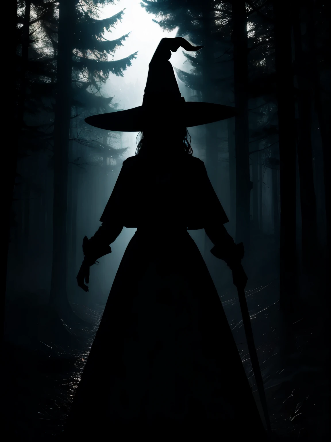 shadow silhouette of a woman wearing witch hat in a forest in the middle of the night, silhouette without lighting, shadow silhouette in darkness, silhueta de jazz, sombra em uma floresta. sombra sem corpo, sem rosto, sombra silhueta, silhueta sombria dentre arvores, silhueta de uma pessoa nas sombras