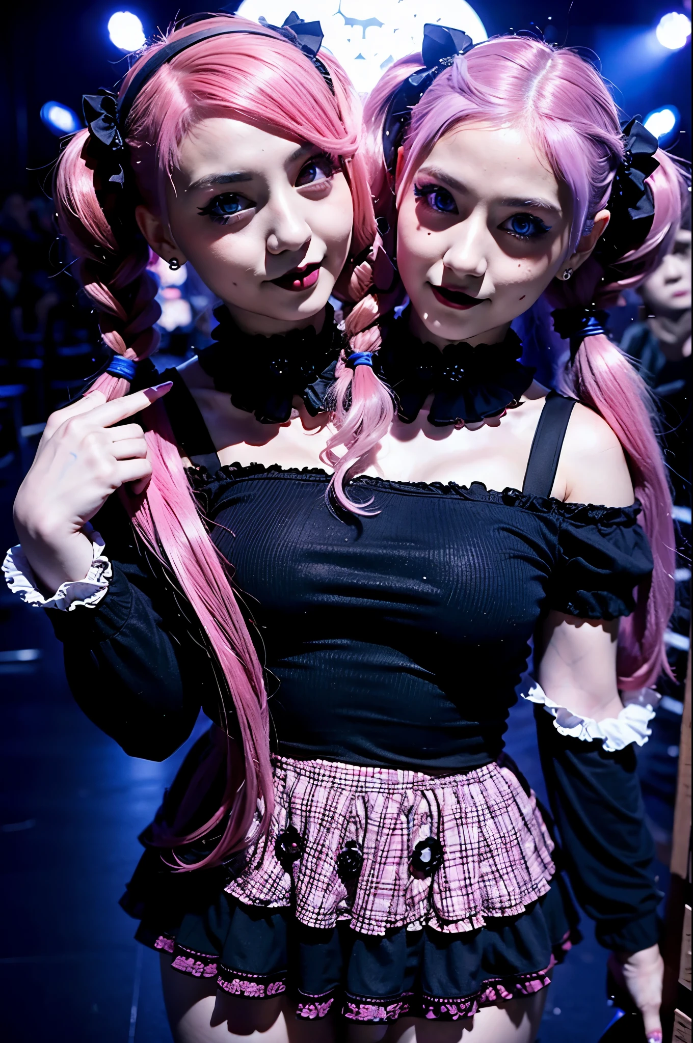 2heads, two headed girl, age 21, curvy, pretty, goth Lolita, blue eyes, pink hair in pigtails, at k-pop concert, dark lighting, excited,