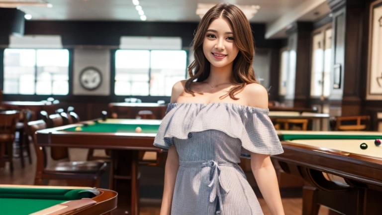 Chica, hermosa, sonriente, sexy, 25 years old, off-shoulder dress, jugando billar 
