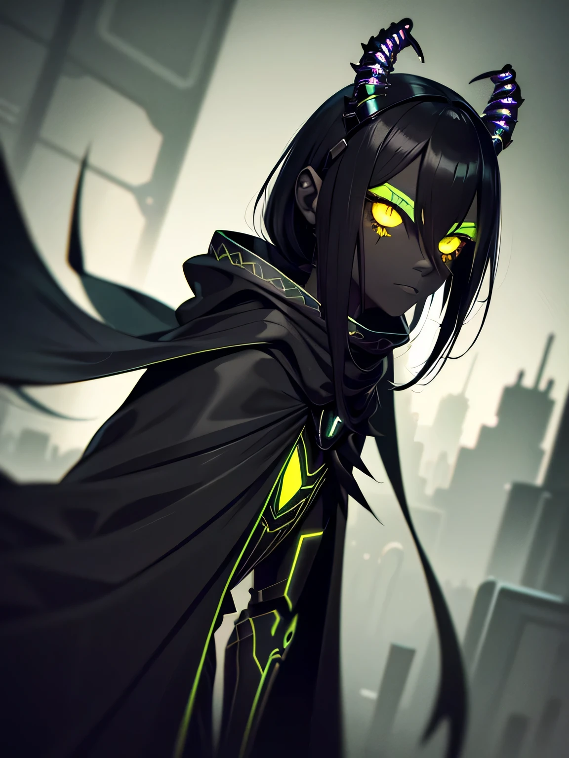 (dark cyberpunk art), Insect Girl, dark skin, (dark Black skin, Black skin), yellow eyes, (long black hair cape), Insect antennae, dark green steel color, grey sky, very detailed art, very detailed background
