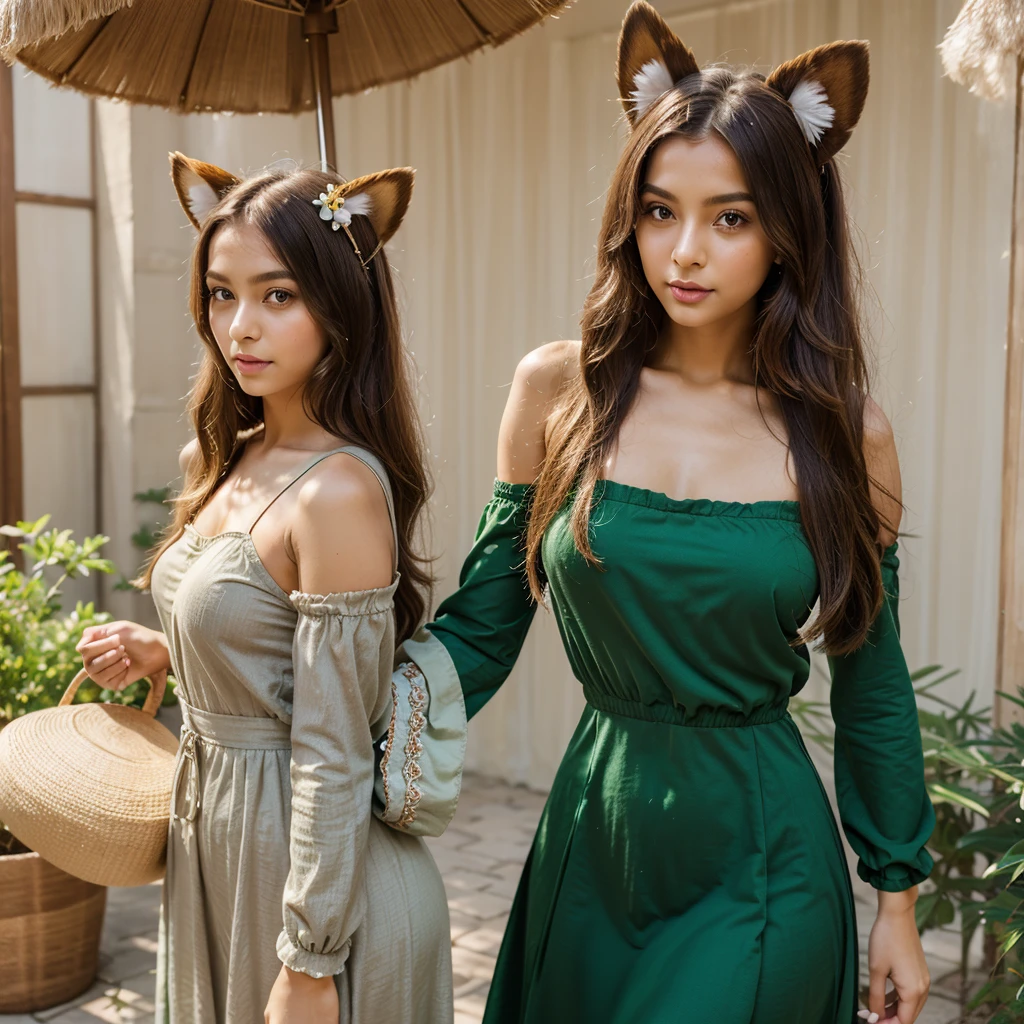 cowboy shot, miss_hina, sweet girl, brown long hair, green long dress, bare shoulders, detached sleeves, wide sleeves, long sleeves, animal ears, dog ears, pom pom hair ornament, upper body,