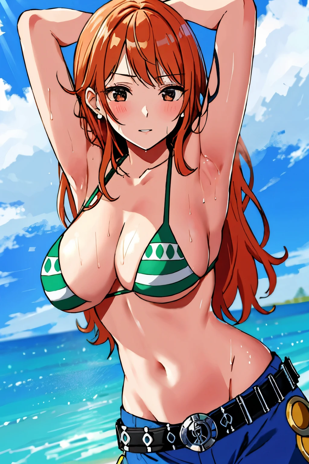 detailed background, masterpiece, 4K, best quality, 늦은 request소년, adult, wrestler body, 1 woman, Active, energetic, Uppercut, (Big mouth) , alone, Us \(One Piece\), 1 woman, bangle, (Very wet, Drenched in sweat, sweating all over, Very wet hair, tired, breathe, dehisce, exhausted, outcry, Sweaty face, sweaty body, Panting, sweating too much, Glittering sweat, sweaty armpits, trend, hands on hips, Serious, glaring), Perfect, detailed face, Draw bold lines, muscular arms, Detailed and thick arm lines, Flat chin, adult woman, wavy wide striped bangs, floating bangs, (Big cheeks), bare shoulders, off shoulder, belt, bikini, bikini top only, blue sky, bracelet, Elastic breasts, Breast line, Big round eyes, very large brown shiny eyes, foam, 높은 눈 stomach치, split, cloud, afternoon, request, earring, floating hair, shiny hair, green belt, green bikini, Thick groin line, requestpants, bijouterie, medium chest, Log Pose, long hair, looking at viewer, navel, wet hair, Orange hair, pants, shoulder Tattoo, side lock, sky, alone, standing, stomach, swimsuit, Tattoo , looking at viewer, dehisce, Detailed left arm, large forehead, hourglass shape, small head, A toned body, Broad head, wind effect, The Sun Effect, Under the sun, Narrow small ear angle, Previous, 무작stomach 포즈,