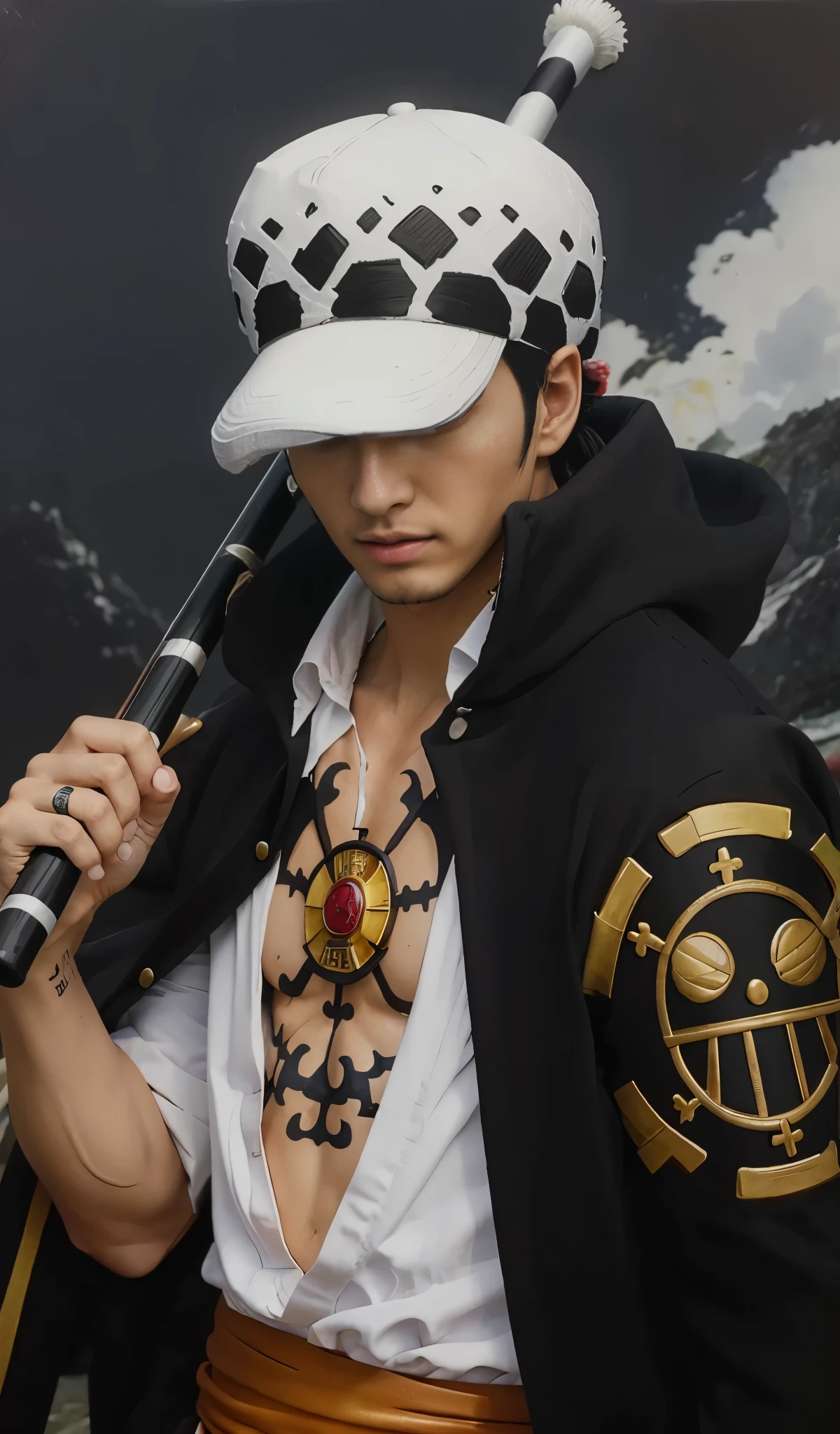 (masterpiece), (realistic), (ultra detailed), ( high reest quality), (photorealistic), (perfect face), (perfect anatomy), man, solo, (((30 years old))), Trafalgar D. Water Law from one piece, Trafalgar D. Water Law, one piece