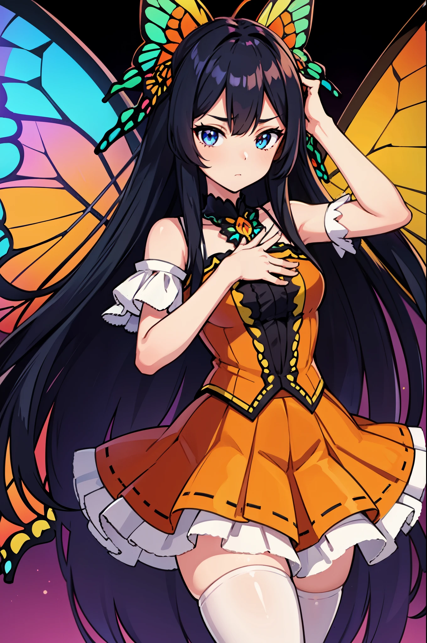 1girl, (butterfly ears:1.1), (black hair, blue hair), ((((straight hair)))), (very long hair), ((sidelocks)), ((((hair covering eye))), ((sunset eyes)), (dynamic pose), (colorful idol costume), ((lacy skirt)), (white pantyhose), (butterfly wings:1.2), (dynamic angle), more_details:-1, more_details:0, more_details:0.5, more_details:1, more_details:1.5, glowify, more prism, vibrant color, ((color scheme: orange, red, cerulean))