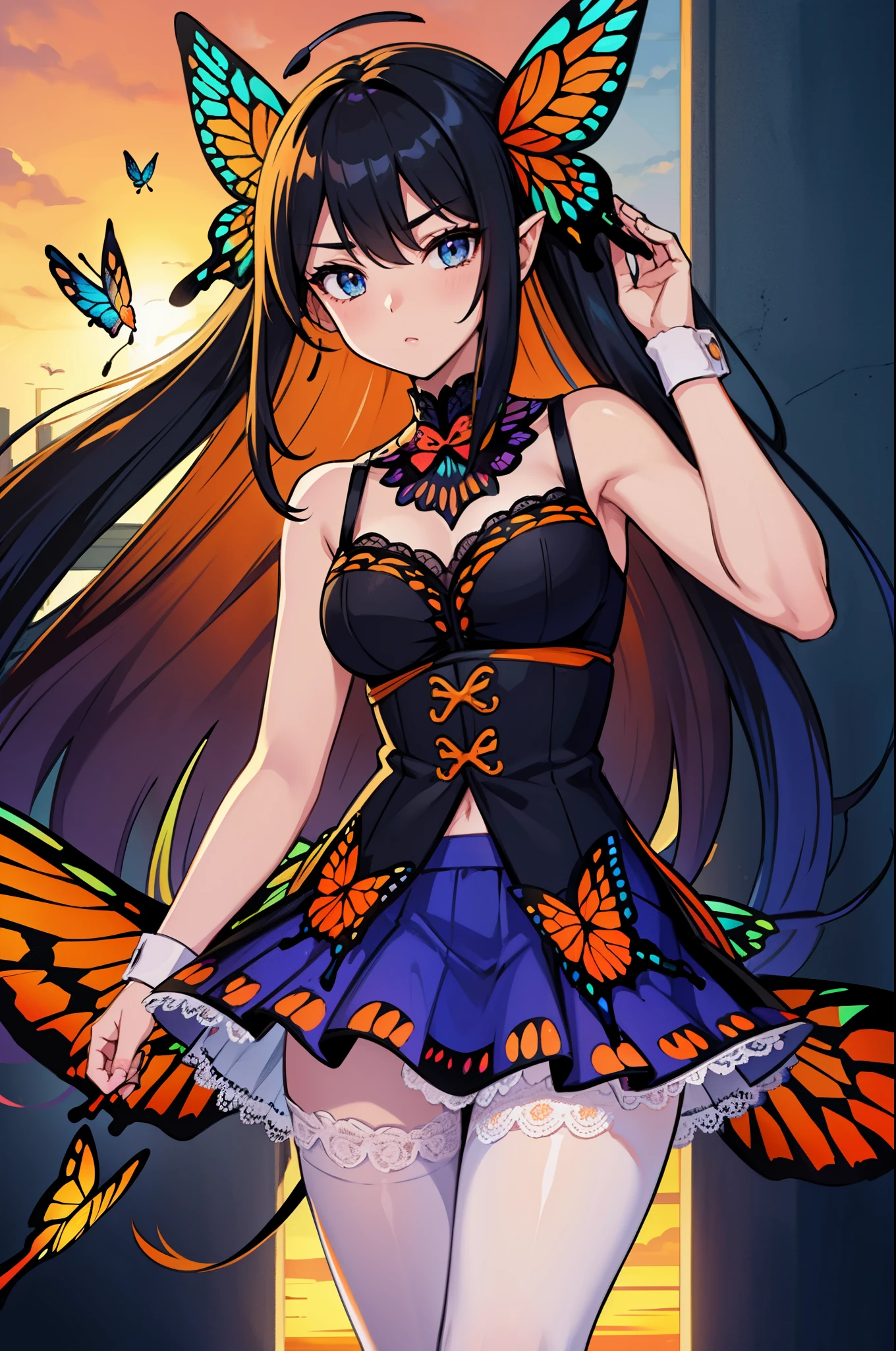 1girl, (butterfly ears:1.1), (black hair, blue hair), ((((straight hair)))), (very long hair), ((sidelocks)), ((((hair covering eye))), ((sunset eyes)), (dynamic pose), (colorful idol costume), ((lacy skirt)), (white pantyhose), (butterfly wings:1.2), (dynamic angle), more_details:-1, more_details:0, more_details:0.5, more_details:1, more_details:1.5, glowify, more prism, vibrant color, ((color scheme: orange, red, cerulean))