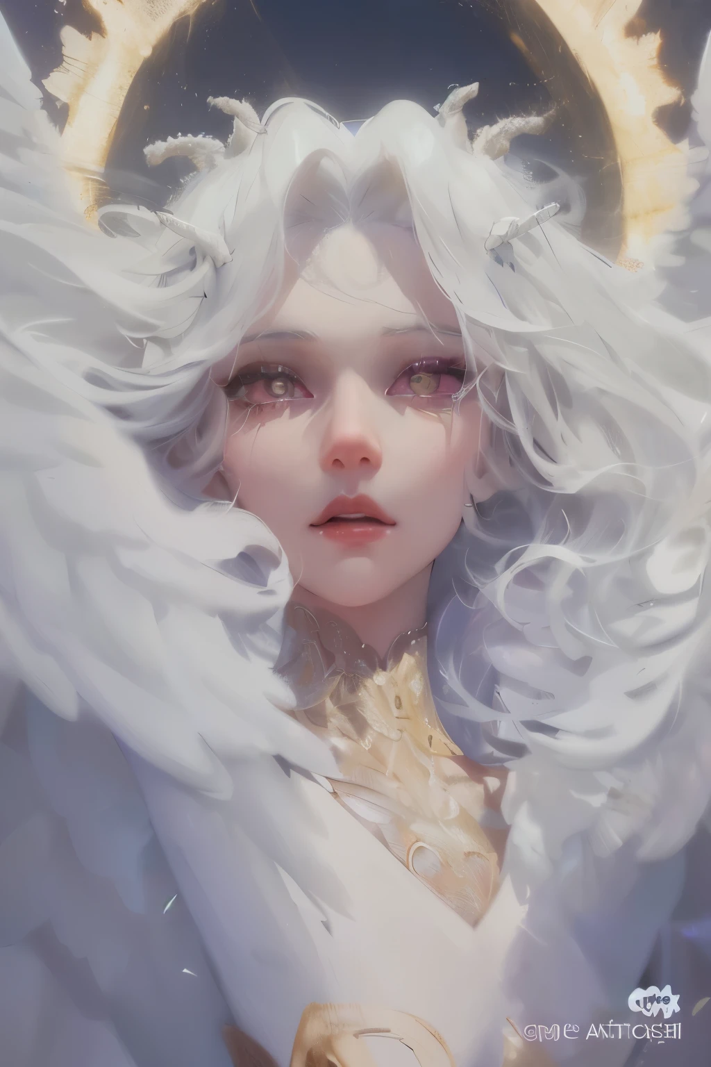 Close-up of a woman with white hair and angel wings, loish and Wallop, Wallop rossdraws, artistic germ and rossdraws, extremely detailed artistic germ, neoartcore and charlie bowwater, artistic germ. high detail, Inspired by WLOP, Portrait of a beautiful angel, Wallop and rossdraws, Wallop | artistic germ
