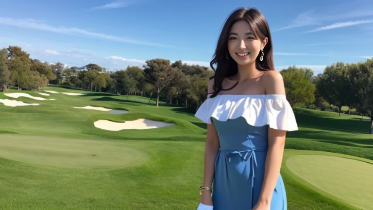 Chica, hermosa, sonriente, sexy, 25 years old, off-shoulder dress, jugando golf