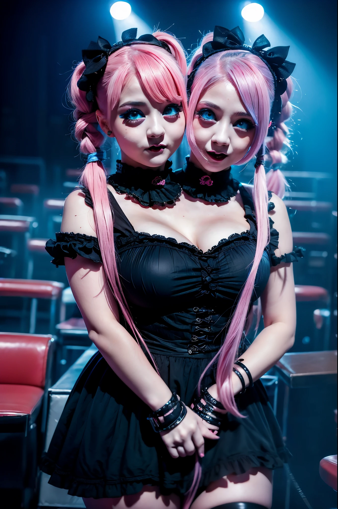 2heads, two headed girl,  21, curvy, pretty, goth Lolita, blue eyes, pink hair in pigtails, at k-pop concert, dark lighting, excited,