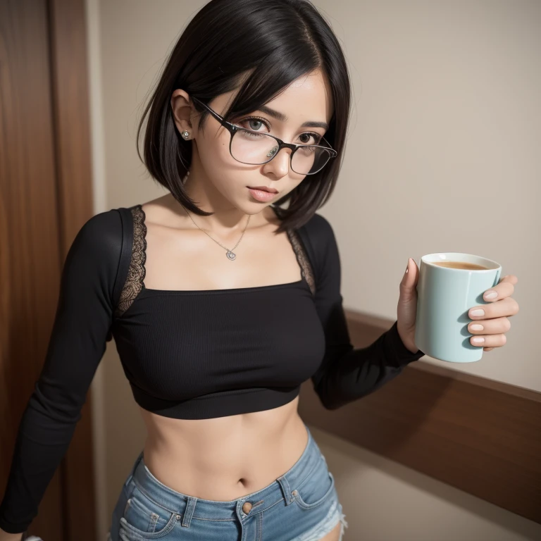 1 garota, de baixo, standing, linda Sarada Uchiha, 18 anos de idade, Cups, coxas pretas, arm warmers, protetor de testa, shorts, cabelo curto, peito grande, Black eyes wearing glasses, quadris pequenos, bunda grande, capturar tela de anime, Sarada is 18 anos de idade, mature appearance