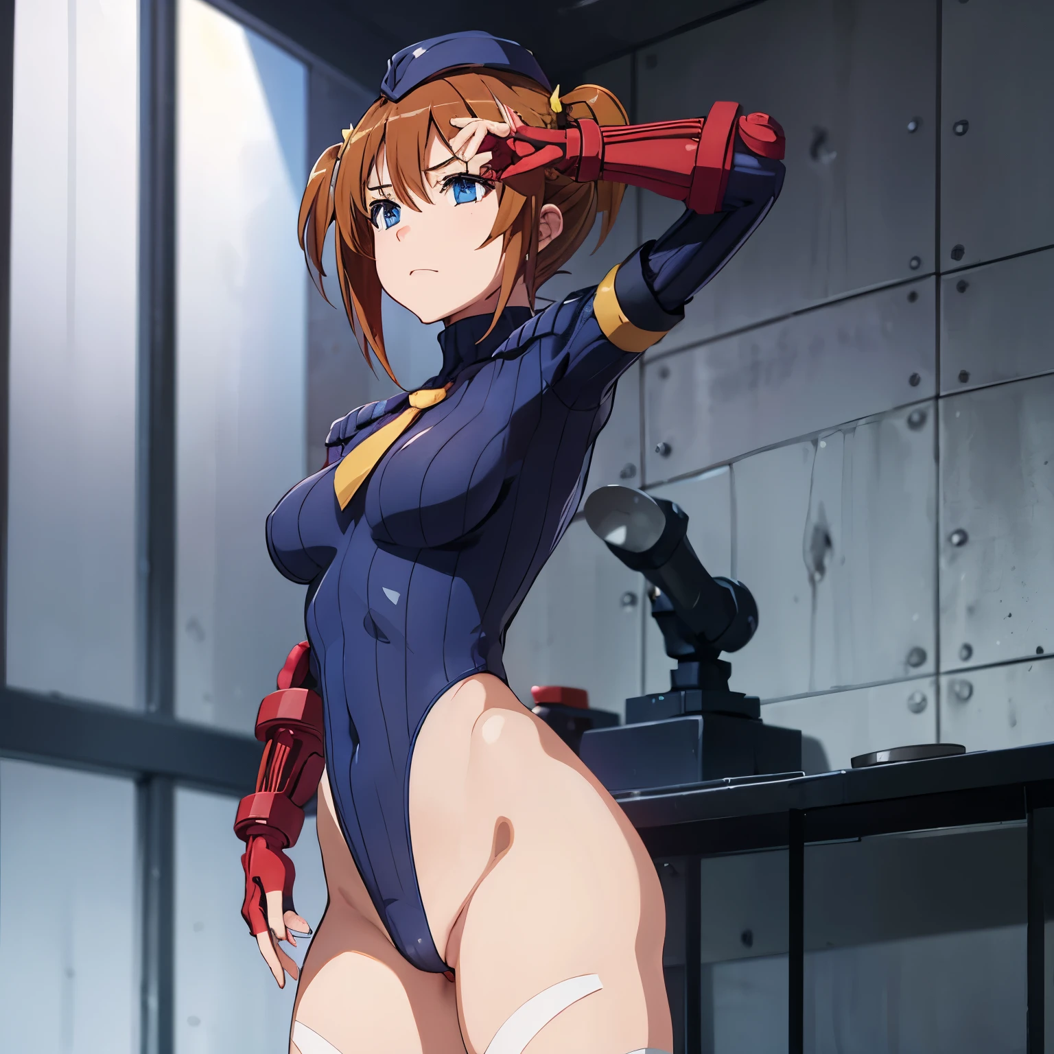 ultra-detailed, Explicit, Beautiful body, Beautiful Nose, Beautiful character design, perfect eyes, perfect face, ultra highres, 4K, beautiful legs, perfect legs, Nice hands, Perfect hand, Masterpiece, Best Quality, Highly detailed, illustration, absurdres, perfect anatomy, street fighter, doll suit, shadaloo doll, dollsuit, expressionless, blank eyes, looking at viewer, red gloves, emotionless, black latex, corrution, mind control, female combatant, full body, hypnotized, unhappy trance, full body suit, ribbed bodysuit, both arms at side, obey, perfect female body, extremely glossy latex, hypnosis, hypnoLora, empty eyes, Mind control device, poses, submissive_pose, Slave, hat, necktie, stand up straight, standing, standing at attention, hat, necktie, belt, latex, ribbed bodysuit, thighhighs, garter belt, Fighting Stance, extending the right arm from the shoulder into the air with a straightened hand, military, thigh boots, 1girl, Solo, light brown hair, short hair, blue eyes, twin tails, Akeno Misaki, High School Fleet, evil smile, evil expression