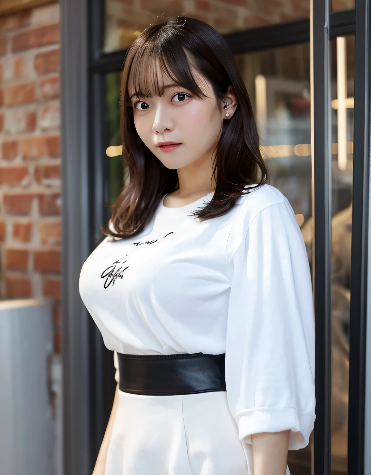 Asayaka,(huge breasts:1.1),looking at the viewer,((masterpiece)),((highest quality)),perfect anatomy,8K UHD,highly detailed face,luster and luster,((1 girl)),((alone)),beautiful eyes,perfect image,(Upper body:1.1),(look ahead:1.1),Arms behind,slim waist,shiny hair,Are standing,super detailed,disorganized,indoor,white shirt,Shiny black tight skirt,