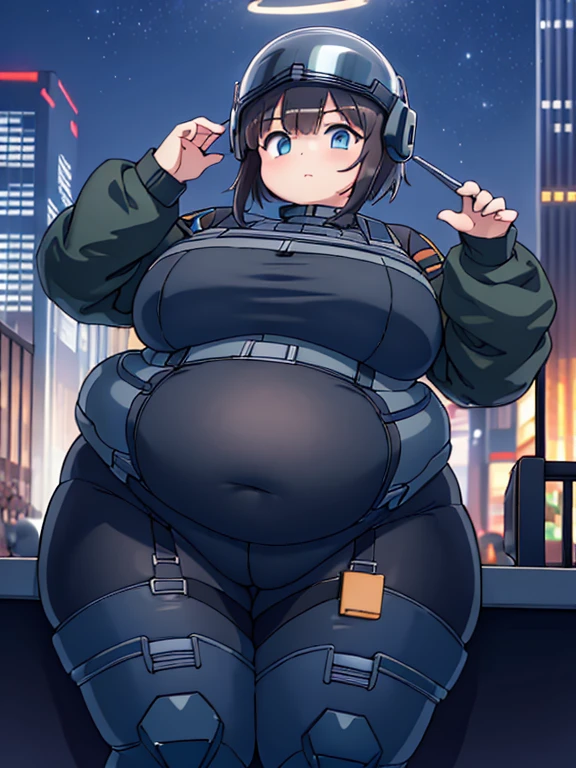 Massively Obese tactical soldier girl, fat rolls, short hair, dark hair, (obese belly):1.5, (obese thighs):1.3, (transparent bodysuit):1.3, pudgy, (soldier helmet):1.2 extremely chubby,  BREAK cityscape, Smokey sky, night sky