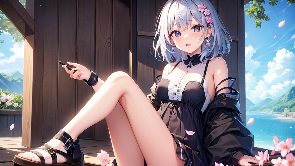 super high quality, with a girl, 20-year-old, very short hair, long bangs between the eyes, gray eyes , blue sky, sunlight, very detailed,(masterpiece、highest quality)、alone、gray hair、laughter、fantasy, silver hair, black eye, beautiful eyes,, ecstasy, charm, be smitten with audience, fantasyな風景、Princess、white clothes、cherry blossoms、night