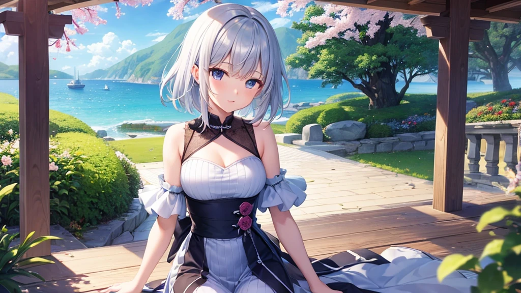 super high quality, with a girl, 20-year-old, very short hair, long bangs between the eyes, gray eyes , blue sky, sunlight, very detailed,(masterpiece、highest quality)、alone、gray hair、laughter、fantasy, silver hair, black eye, beautiful eyes,, ecstasy, charm, be smitten with audience, fantasyな風景、Princess、white clothes、cherry blossoms、night