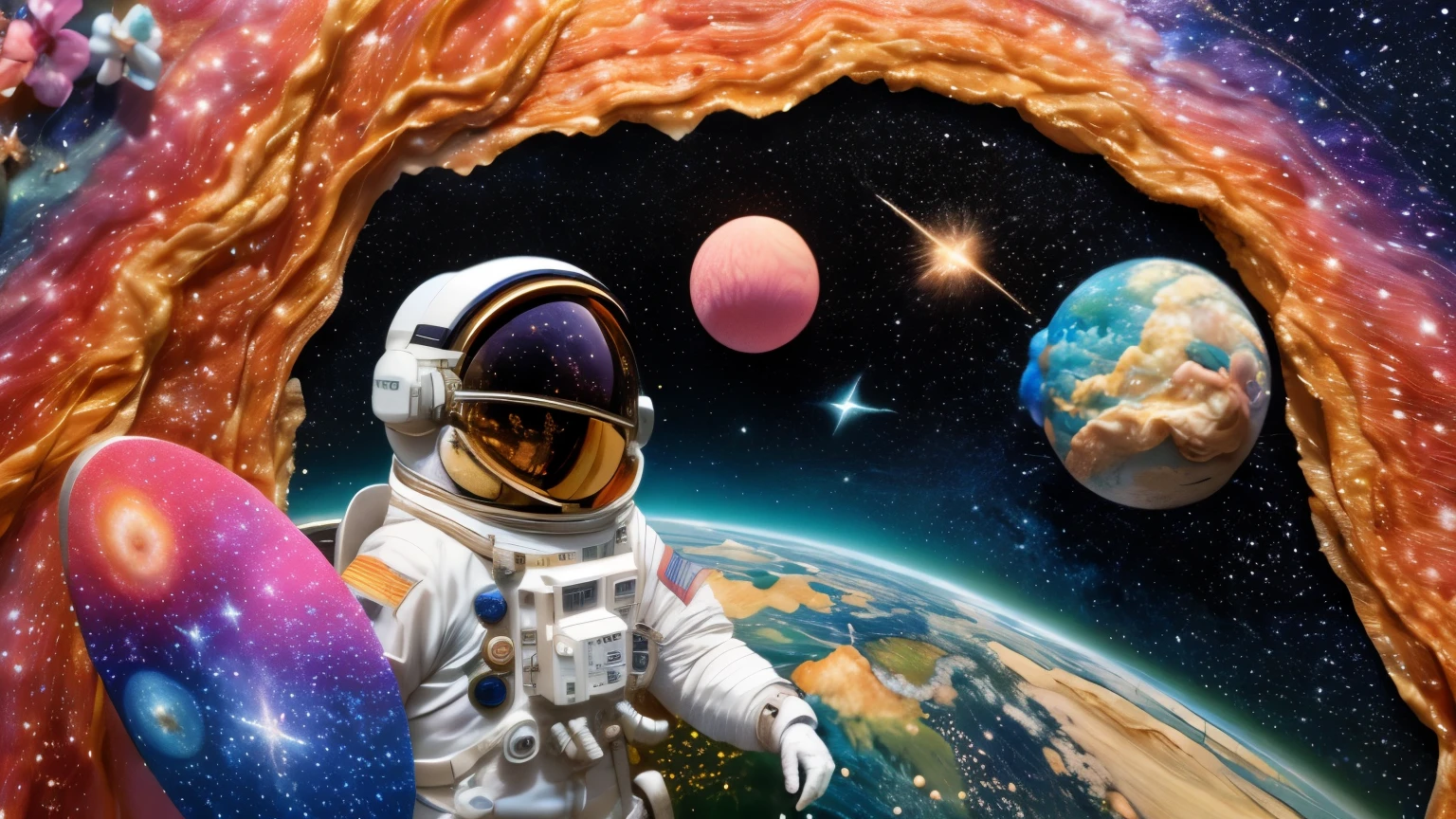 best quality, masterpiece, ultra high resolution,HD details, (Photorealistic:1.4), Surrealism, like a dream,masterpiece,8k,Lifelike,
Astronaut lost in dreamy galaxy, several shining stars,Colorful dreamy planet,
Embroidery style,Front view,suffocating,Immersive,unique painting