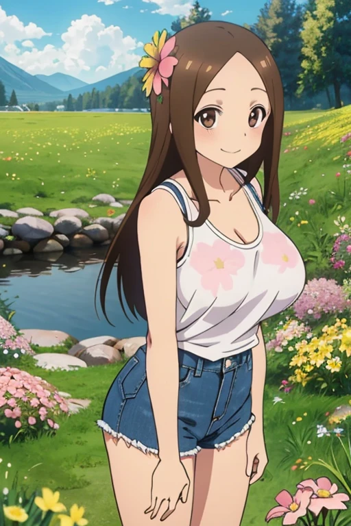 (Realistic),(Photorealistic),Takagi_San, 1girl in, Long hair,((White School Shirt)), Brown hair, Part bangs, Brown eyes,Pink tank top, ((huge breast)), cleavage of the breast,Light Blue Jeans Shorts,Pink tank top,Black sneakers,Forehead,Smile, Looking at Viewer,masutepiece, ((huge ass)),Full body, Best Quality, (Colorful),volumatic light, Ray tracing,the Extremely Detailed CG Unity 8K Wallpapers,Smile,((flying petal)),(Flowery meadow), Sunny,Sunshine, light, Fantasy, Windy, magic sparks, Trees, lake, mountainscape, ((Flowers)),field,