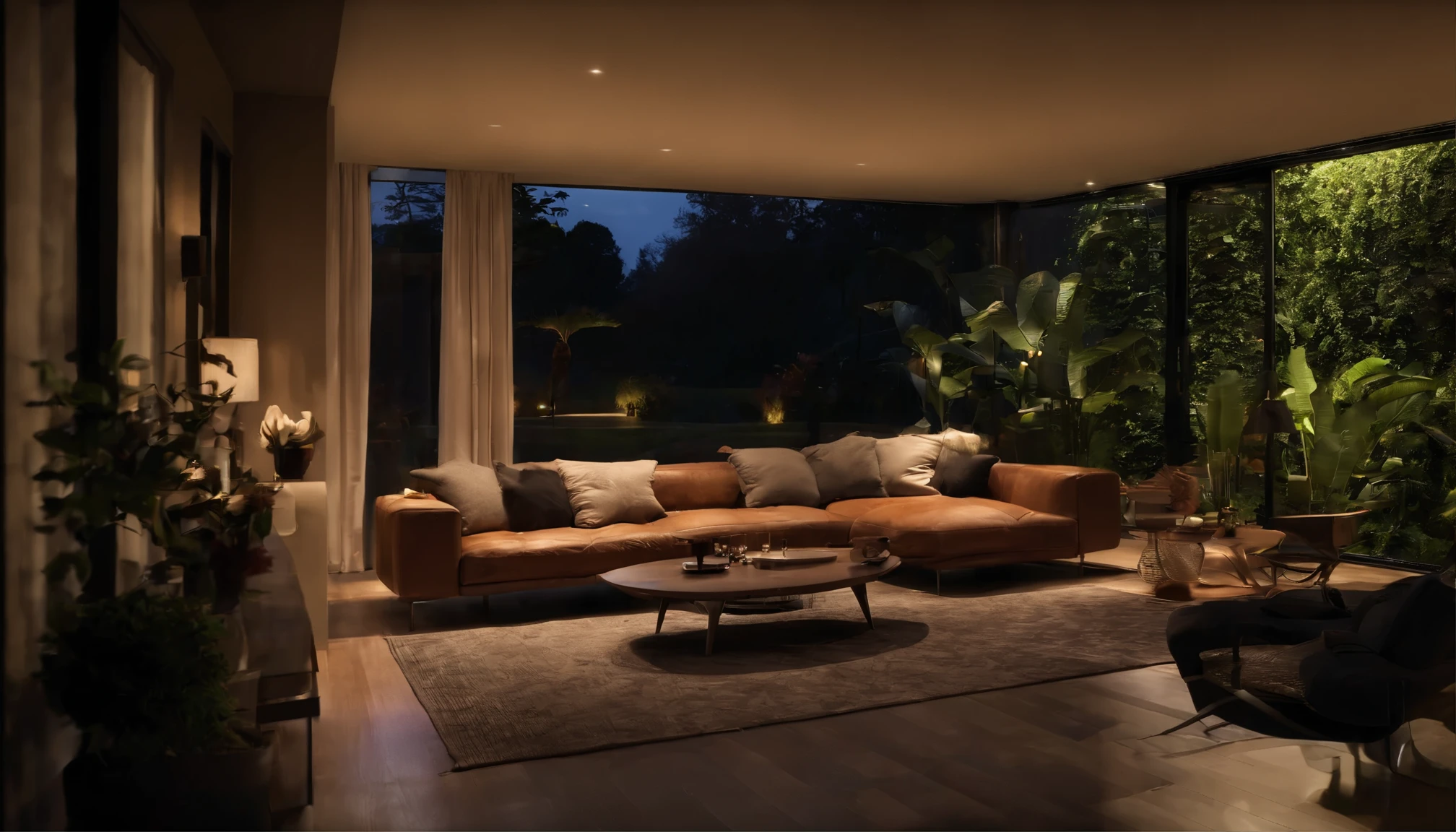 Modern mid-century living room with dim lighting，dark, rainy night outside, (night It's raining e nebulosa: 1.2), Pacific Northwest, (strong lighting: 1.4), (dim lights: 1.2), vegetation, Great Usinas, It's raining, monster, Lots of vegetation, ( Blurred windows:1.2), masterpiece, better quality, Twilight Hour, (night:1.4), tarde It's raining, after sunset,black house modern design, Jardine Vide Oreda da Casa, black front, modern architecture, Indoor Videro, sunshine, coastal area