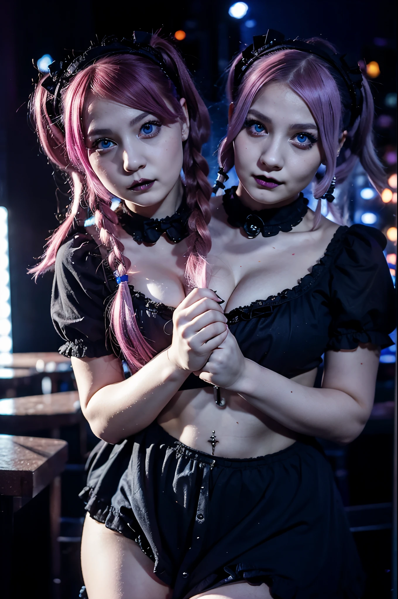 2heads, two headed girl, 21, curvy, pretty, goth Lolita, blue eyes, pink hair in pigtails, at k-pop concert, dark lighting, excited,