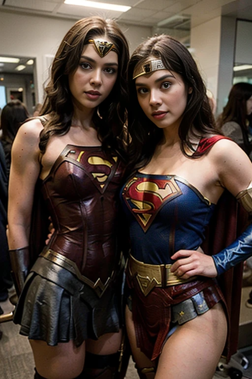 ((4k))((fullhd)) Wonder Woman next to girl dressed as Superman(2girls in image) (one girl wearing cosplay supergirl)