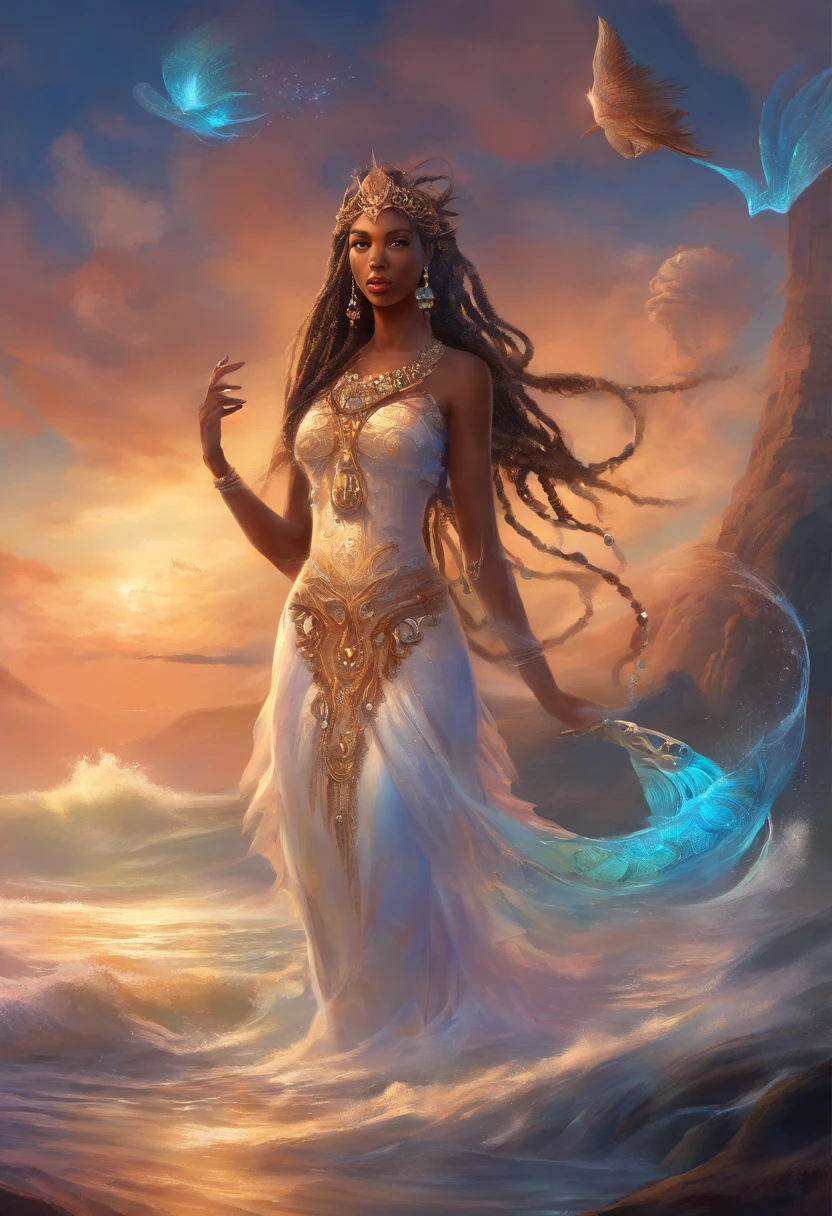 Godess_Iemanjá brown skin.. ONDAS_corpo_oceano_perolas ,nuvem_flores brancas, fishtail, long_dreadlock_hair, dripping_pearls, opulent_pearl_jewelrt