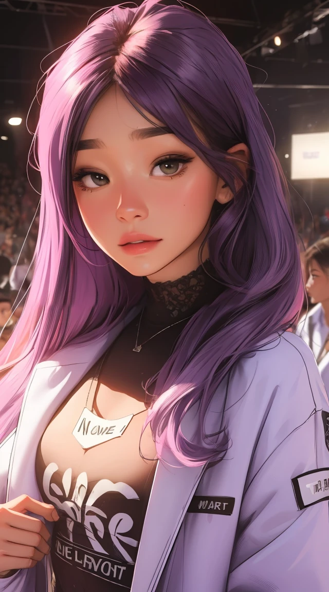 lavender champion, beautiful woman, Ultra HD portraits, (high quality) (Ultra-detailed) Looking at the audience dressed in hip-hop style streetwear; distinct, Colorful, long hair 🌈
