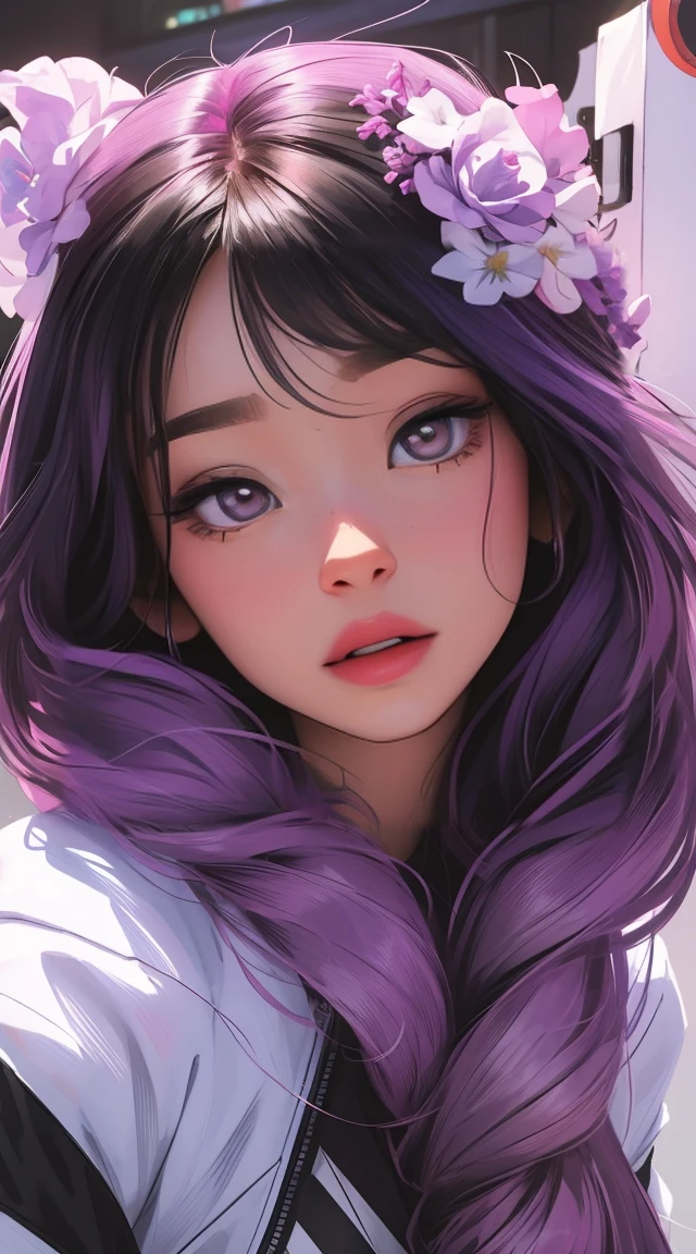 lavender champion, beautiful woman, Ultra HD portraits, (high quality) (Ultra-detailed) Looking at the audience dressed in hip-hop style streetwear; distinct, Colorful, long hair 🌈