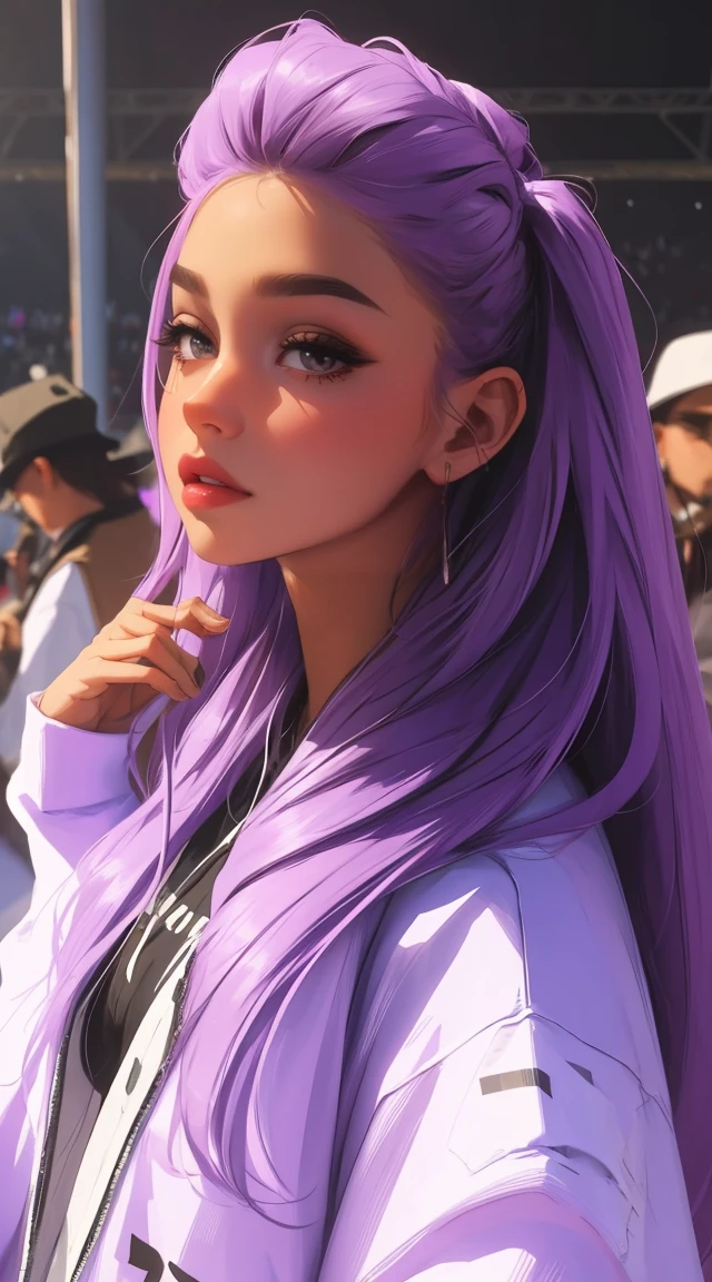 lavender champion, beautiful woman, Ultra HD portraits, (high quality) (Ultra-detailed) Looking at the audience dressed in hip-hop style streetwear; distinct, Colorful, long hair 🌈