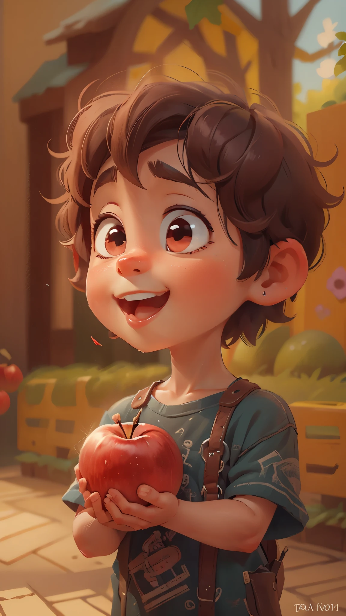 a cute little boy,Hands holding red apples,front view, Pixar style, best quality, stills, very cute, big eyes, happy,very cute,