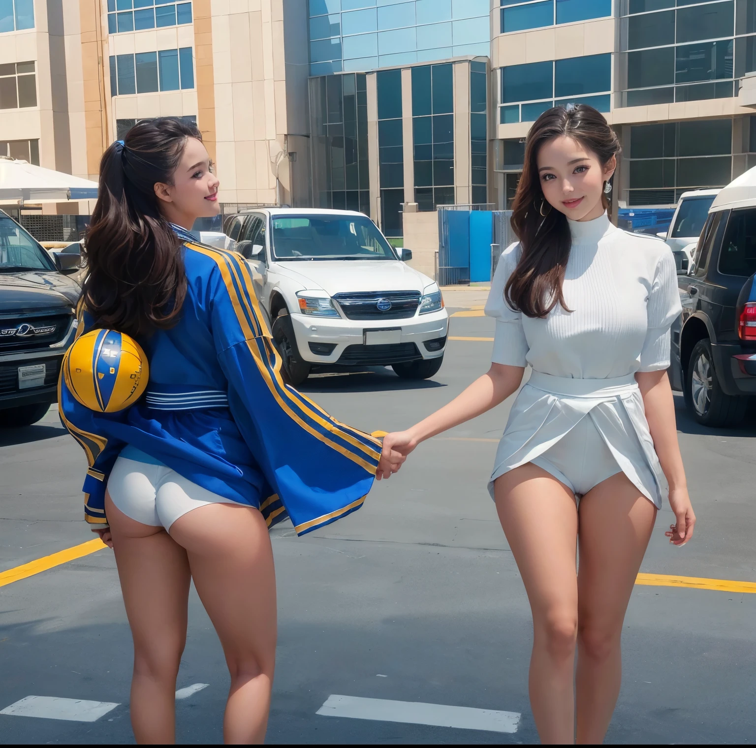 highest quality, 8K quality, masterpiece, Super realistic, (Two super busty girls standing side by side:1.2), (Tight super big breasts are compressed by clothes:1.4), Whitening skin, Sparkling blue eyes, A tight white shirt with a crimson ribbon tie, Super mini pleated tartan check skirt, (the skirt is incredibly short:1.2), (Show off your beautiful butt:1.4), (above the knee), (Proud of her slender waist and huge breasts), Skirtliftv1, (ass), (Front view of huge :1.5)