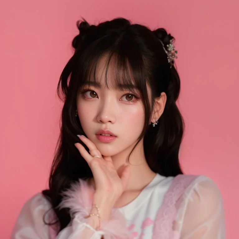 un primer plano de una persona con un fondo rosa, retrato de jossi de blackpink, Jinyoung Shin, Lalisa Manobal, jaeyeon nam, foto de perfil en la cabeza, kim doyoung, ulzzang, Lalisa Manoban de Blackpink, female korean idol portrait, sha xi, con flequillo, flequillo esponjoso, yo, aparcar desde-min, Obra oficial