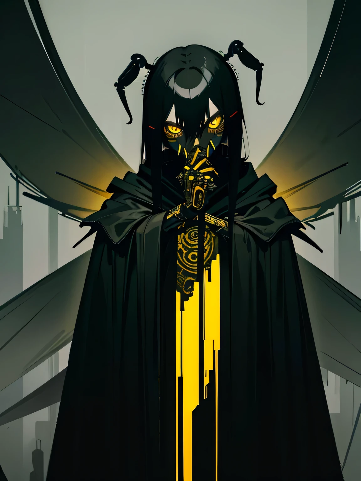 (dark cyberpunk art), Insect Girl, short stature, dark skin, (dark Black skin, Black skin), toxic yellow eyes, (long black hair cape), Insect antennae, dark green steel color, grey sky, very detailed art, very detailed background