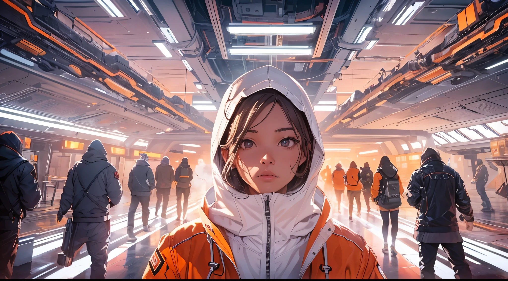 Capture the breathtaking moment as a group of young men and women dressed in a crisp white windbreaker hoodie, have fun in an ominous orange light structure in a futuristic white building, in the midst of a space station with rocket ships and advanced equipment, creating a raw and emotional masterpiece. This ultra-high resolution, photorealistic full-body portrait is bathed in the warm glow of sunlight, capturing the essence of the scene. The style is reminiscent of mecha sci-fi anime, presented in an impressive 8K resolution for unparalleled image quality. Crafted with Unreal Engine 5, the artwork features ultra-realistic 64K CG, skin texture at 1.4, and an evocative orange volumetric fog, adding depth and atmosphere to the narrative. Further detailing includes 8K UHD, DSLR quality, film grain, and the artistic nuances of lomography, resulting in a visually stunning composition that seamlessly blends high-quality visuals, translucent effects, and photorealism to truly captivate the viewer.